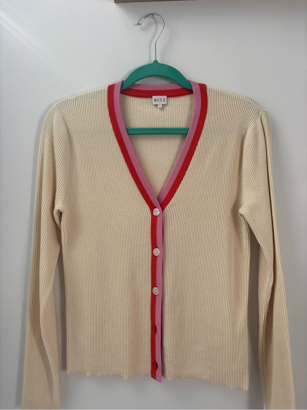KULE Cream Ribbed Cardigan with Pink and Red Trim